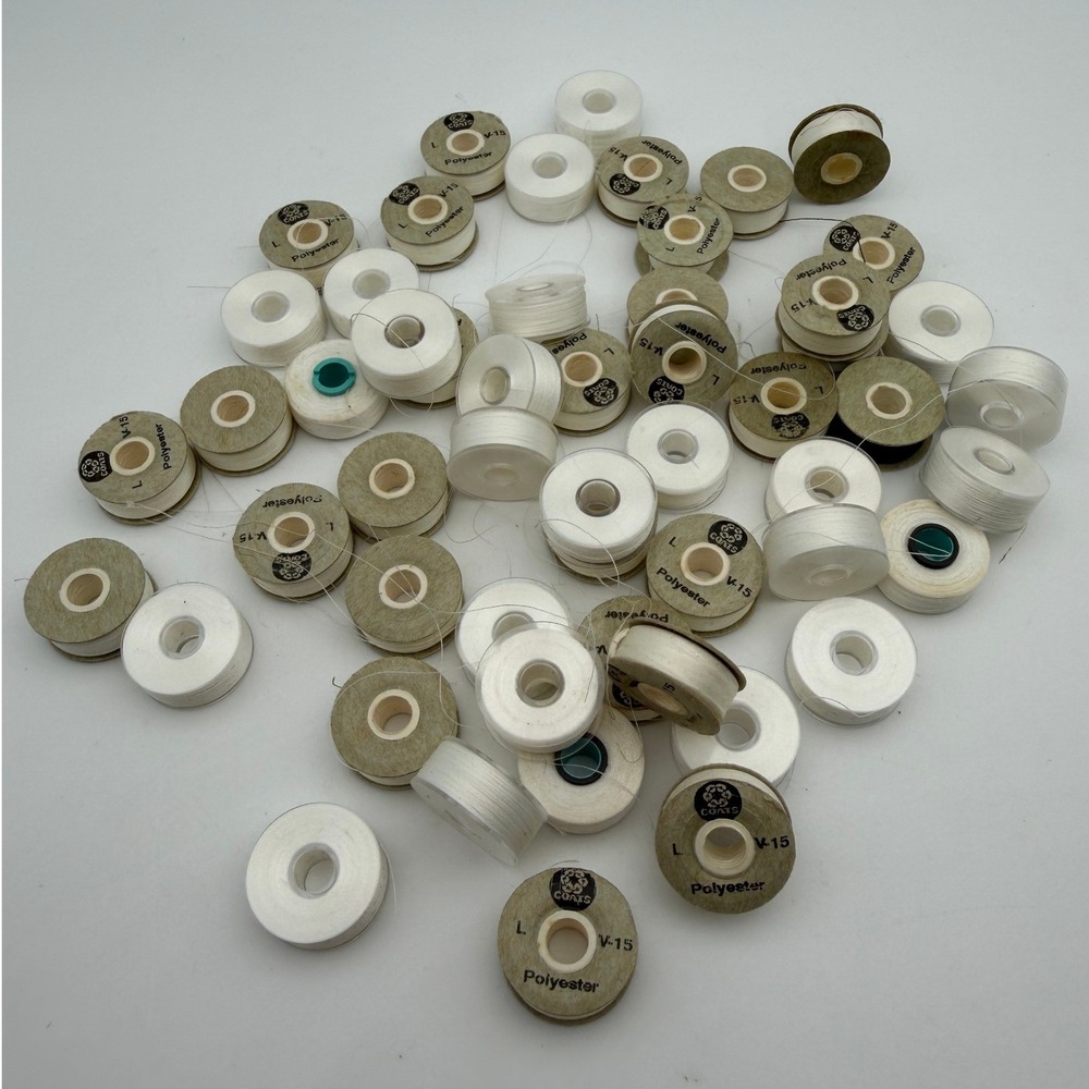 Coats V-15 L Style Pre-Wound Polyester Bobbins White Bulk Lot with Mason Jar